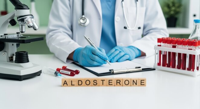 Doctor in lab coat writing notes next to blood samples and microscope with ALDOSTERONE spelled out in wooden blocks