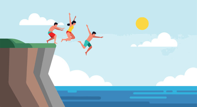Three people in swimwear jumping from a rocky cliff into the deep ocean water