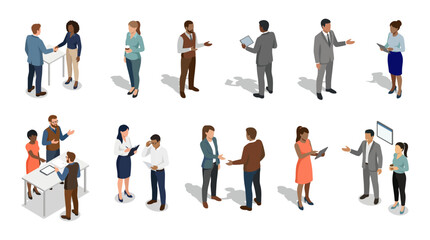 Isometric business people collection in professional office attire shaking hands and collaborating   Diverse corporate team characters in flat vector style © Stocklume