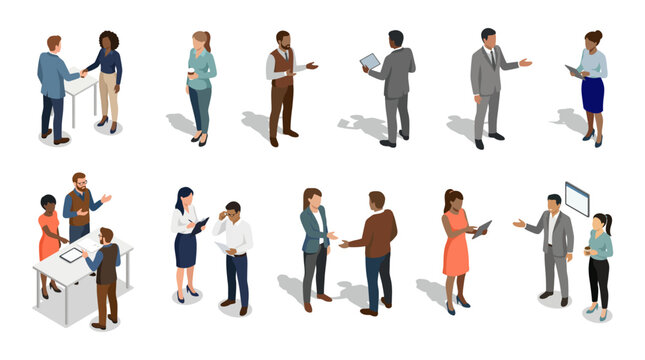 Isometric business people collection in professional office attire shaking hands and collaborating | Diverse corporate team characters in flat vector style