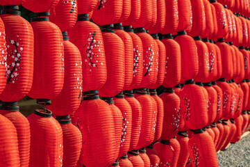 A vibrant array of traditional red Japanese paper lanterns, each adorned with delicate white cherry blossom illustrations, hangs in orderly rows, creating a festive and culturally rich visual display. © BestTravelPhotos