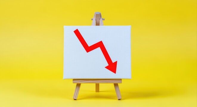 Red Downward Trend Arrow on Canvas Displayed on Easel Against Bright Yellow Background