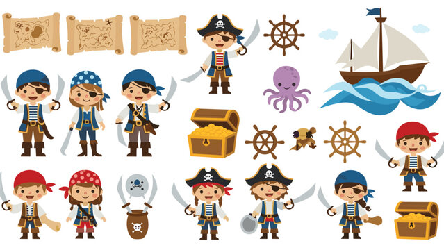 Set of cute pirate characters and nautical icons including a sailing ship, treasure chest, octopus, and treasure maps.