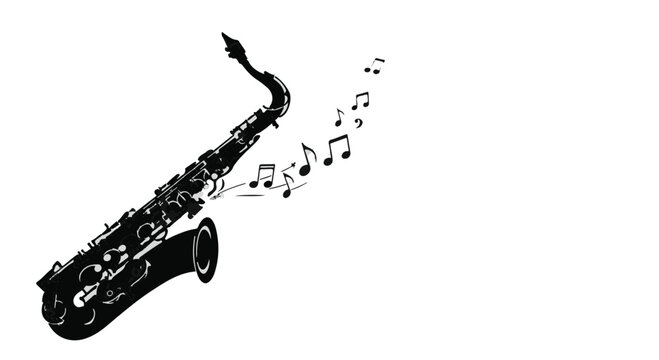 Saxophone musical instrument accompanied by floating musical notes and melodies isolated on a white background for creative jazz themed advertising banners or social media graphic designs.