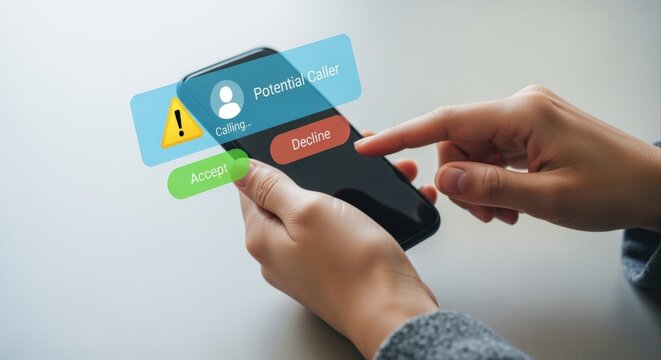 Close-up of a person's hand holding a smartphone and deciding whether to accept or decline a potential spam or unknown caller on the screen.