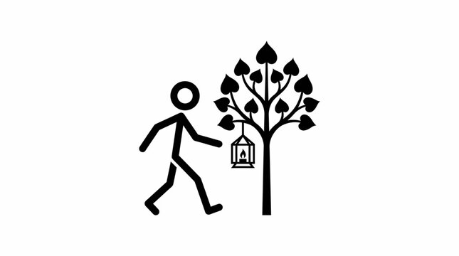 Minimalistic Depiction of a Person Approaching a Lantern Beside a Tree