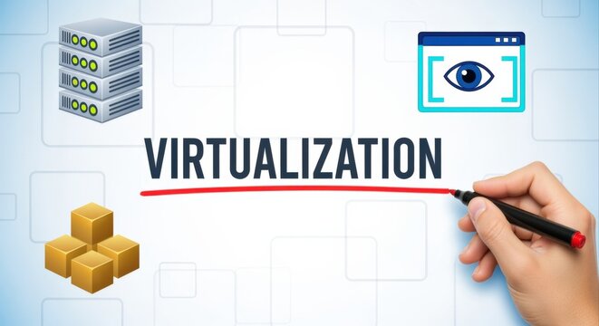 Conceptual Illustration of Virtualization Technology with Server Stacks, Abstract Cubes, and Monitoring Icon