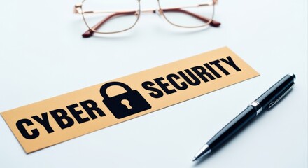 Fototapeta premium Cyber Security Protection Concept with Lock Icon, Eyeglasses and Pen on White Desk