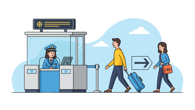 Travelers going through an airport security checkpoint while an official sits in a booth and monitors the passage with a luggage scanner.