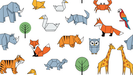 Seamless pattern of various origami animals like elephants tigers foxes and giraffes folded from paper on a clean white background design.