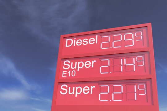 3d Illustation - Tankstellenanzeigetafel - Spritpreise - Teuer - Sprit - Benzin - Diesel