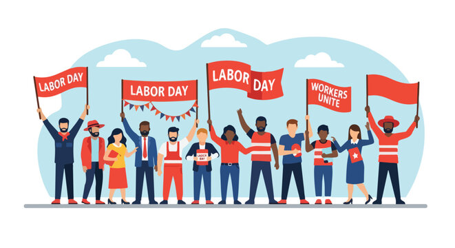 A diverse group of people protesting and holding signs to celebrate Labor Day
