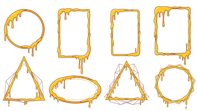 Collection of different geometric frames like circles and triangles featuring thick golden honey dripping from the top edges.