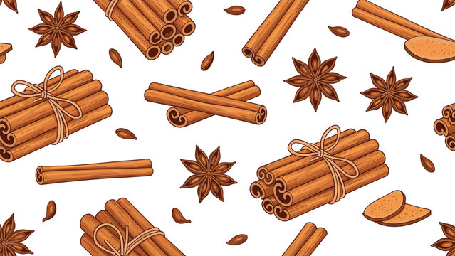 Seamless pattern design featuring aromatic cinnamon sticks tied with string and star anise spice on a plain white background.