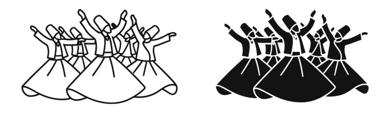 Cultural Whirling dervishes vector illustration, sufi dance ceremony, islamic spiritual ritual silhouettes &ndash; Minimal Line Art