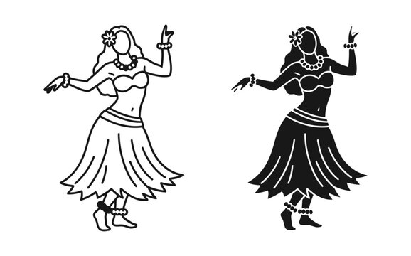 Cultural Hawaiian hula dancer vector icons, tropical island girl silhouette, traditional luau dance character &ndash; Minimal Line Art