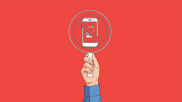 Human hand holding a round red and white sign with a prohibition symbol over a mobile phone icon on a red background.