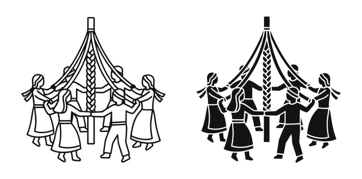 Cultural Traditional maypole dance vector, folk festival celebration, people dancing with ribbons &ndash; Minimal Line Art