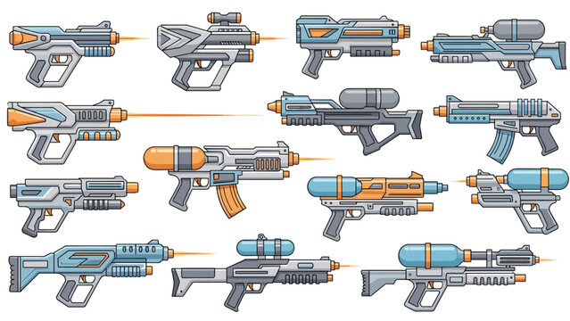Extensive set of futuristic water blasters and squirt guns in various cool designs, sizes, and blue and orange colors.