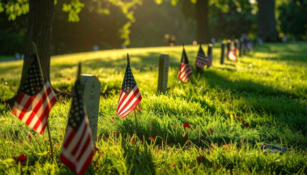 American flags marking graves in a serene cemetery on Memorial Day with lush green grass and sunlight filtering through trees