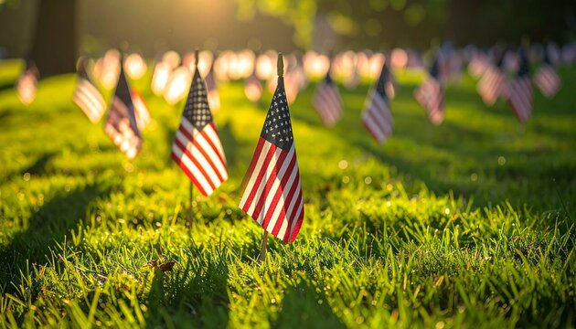 American flags planted in a lush green field on a sunny day with vibrant grass and patriotic symbols for hari bumi celebration