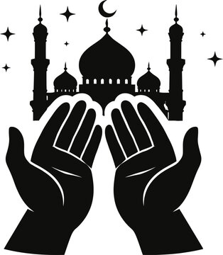 Praying hands in front of mosque and stars with religion supplication spirituality architecture devotion religious spiritual