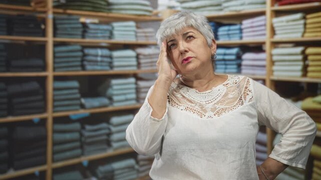 Woman with hand to temple and hand on hip among stacked folded sweaters and linens in a clothing store building; frustration.