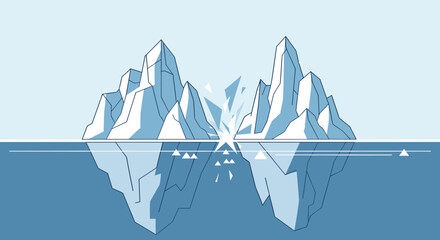Vector illustration of two icebergs colliding or breaking apart in the ocean, showing both above and below water sections with reflections. © grabah