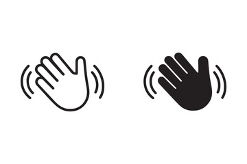 Waving hand icon set representing greetings or stopping. Vector illustration of open palms in outline, solid, and yellow styles. © Daishin