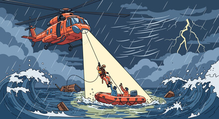 Helicopter rescue operation in stormy sea with lightning and waves, lifting person from dinghy © Andi