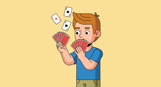A cartoon boy holding many playing cards while juggling others in the air
