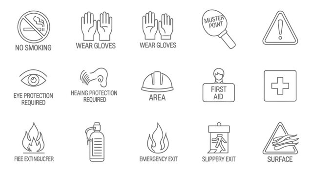 Set of thin line icons for safety and emergency preparedness signs.