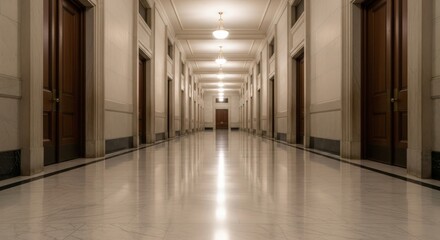 Fototapeta premium A long empty corridor with doors stretches out in a well-lit interior