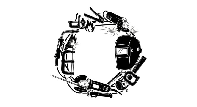 Circular Arrangement of Welding and Construction Tools in Black and White.