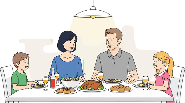 Happy family enjoying a delicious home cooked dinner together at the dining table during a cozy festive holiday meal celebration