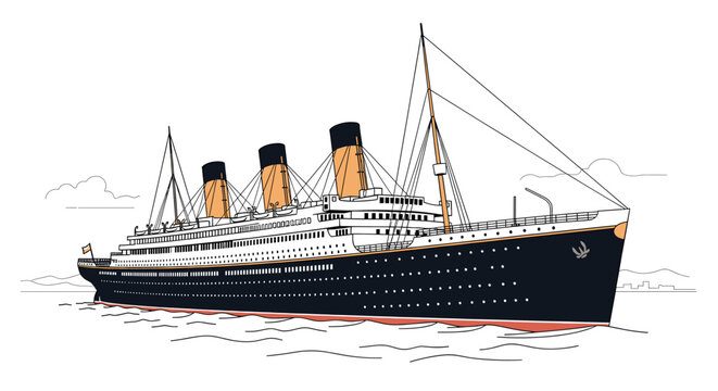 A detailed illustration of the RMS Titanic, a majestic ocean liner, sailing on calm waters under a cloudy sky.