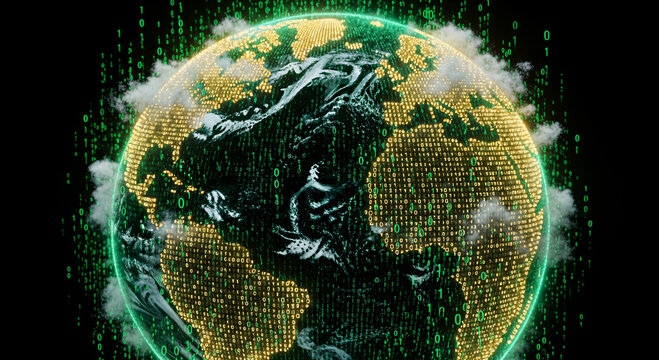 Digital planet earth globe with green binary code data particles, global networking technology and international communication infrastructure in cyberspace world map background.