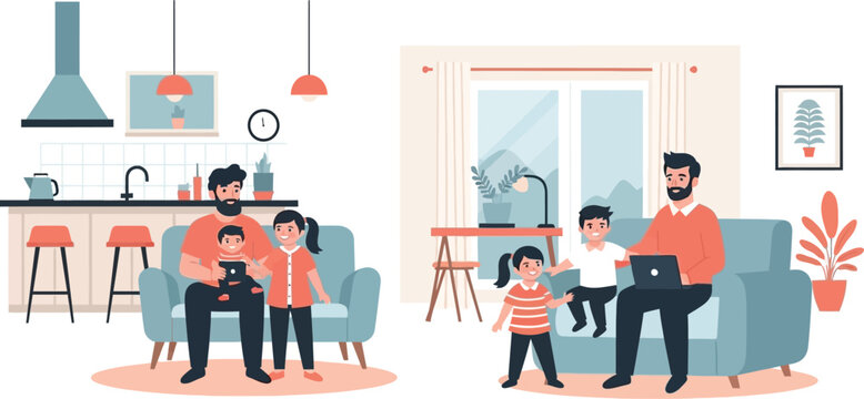 Bearded fathers spending quality time and bonding with their young children while sitting together on comfortable sofas at home