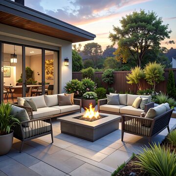 A serene outdoor patio with modern furniture and a fire pit