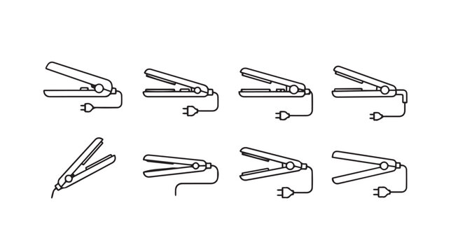Hair Straightener Icons with Plugs Various Angles Line Art