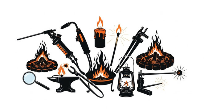 Collection of Fire and Heat Related Tools and Elements.