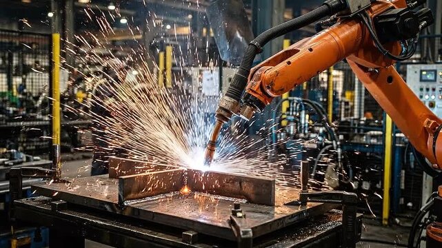 Ai impact jobs robotic welding automation arm sparks industrial factory metal fabrication with robot worker safety and automated machinery reshaping