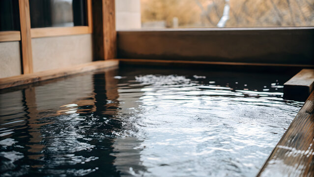 Water droplets splashing into a reflective indoor pool area