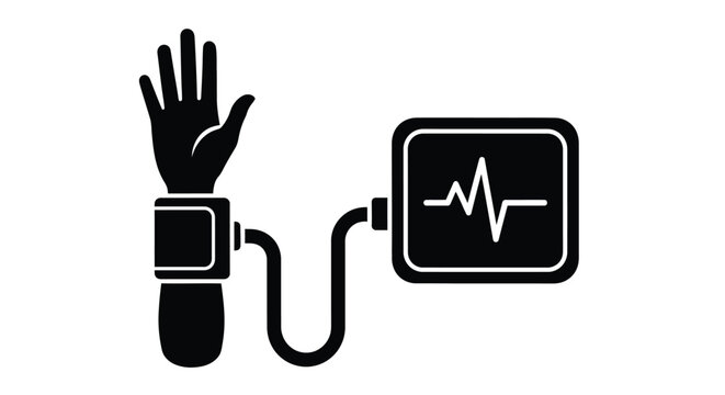 Digital blood pressure monitor measuring the pulse rate of a human arm with a black graphic icon