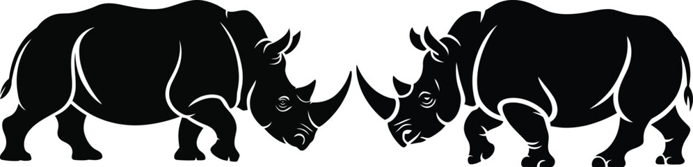 A set of black rhino silhouettes in vector style in a simple nature illustration collection  © Josna