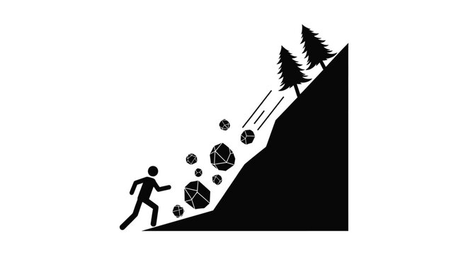 Person running away from a dangerous falling rock avalanche on a steep mountain slope during a storm