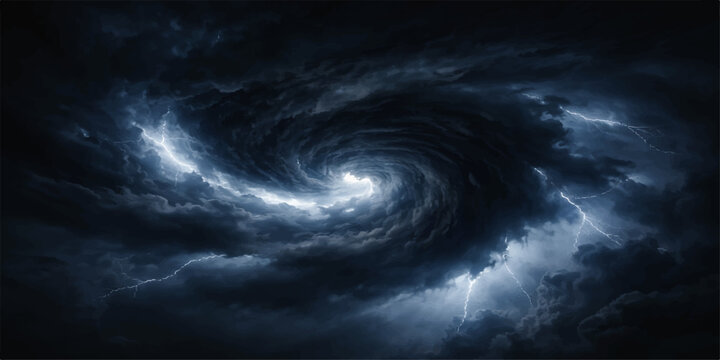 A dramatic blue cloudscape captures the stormy nature of a dark sky where deep textures of rain and lightning meet an abstract heaven of black clouds