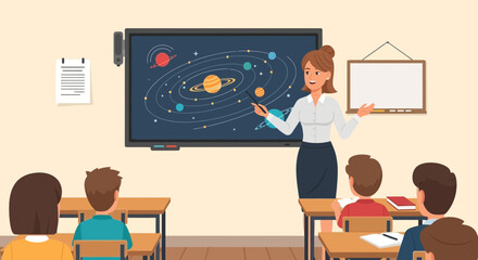 Teacher Explaining Solar System Model On Smartboard To Students In Classroom © Ani