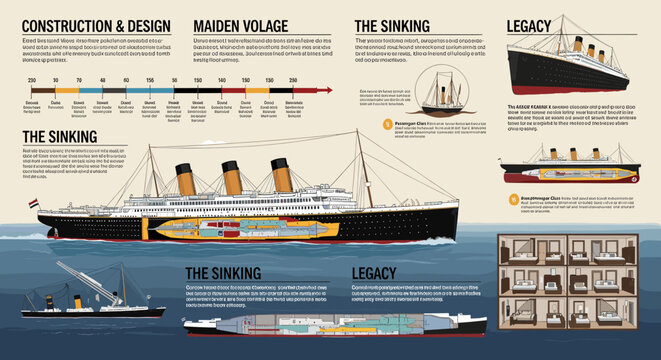 Detailed infographic illustrating the construction, maiden voyage, sinking, and legacy of the RMS Titanic, with cross-sections and historical timelines.