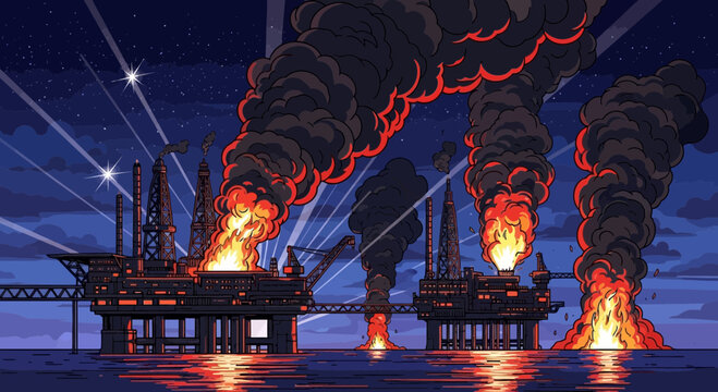 Offshore oil rig disaster, burning platform spewing thick black smoke at night, ocean reflection